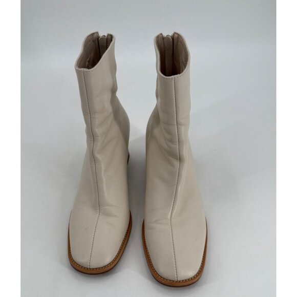Ivory Leather Mid Block Heel Ankle Boots With Rear Zip Closure Womens Size 8.5 - Picture 1 of 12